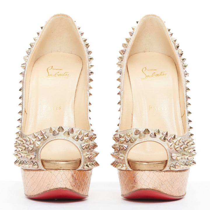 CHRISTIAN LOUBOUTIN Lady Peep 150 metallic gold studded platform peep pump EU38