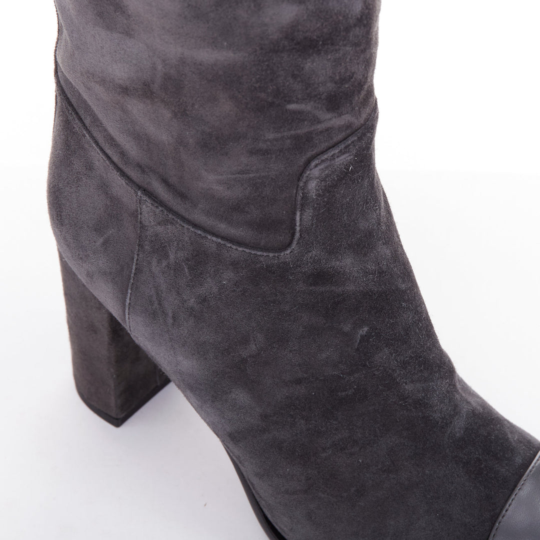 CHANEL 2023 grey suede diamond quilted CC logo block heel boots EU38.5