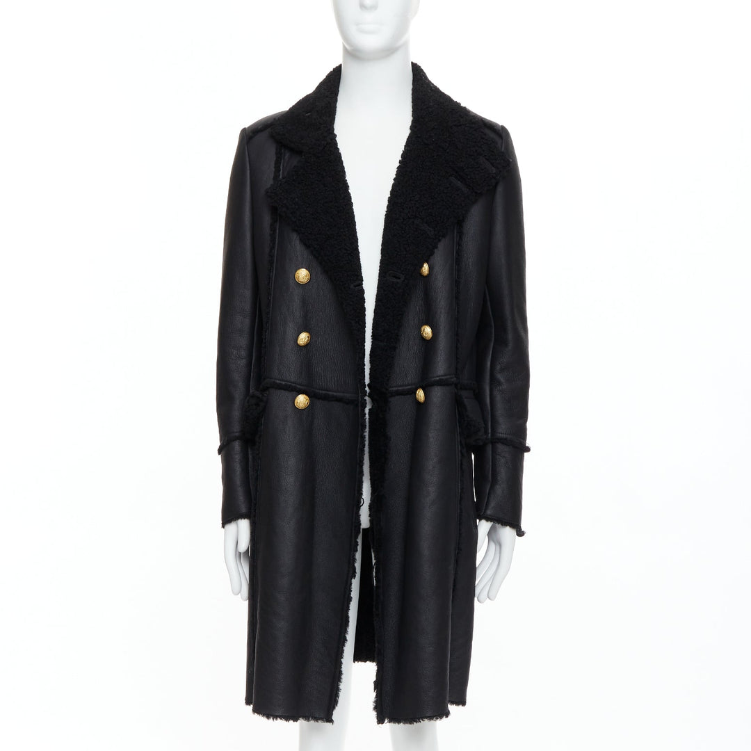 BALMAIN black shearling lined leather gold double breasted coat FR48 M