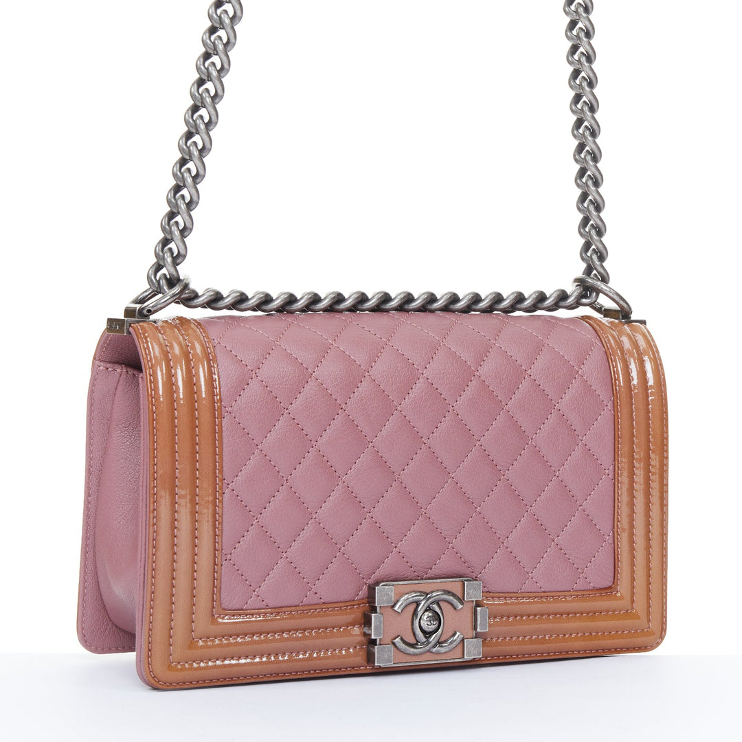 CHANEL Duo Boy Flap pink lambskin beige patent leather small shoulder bag