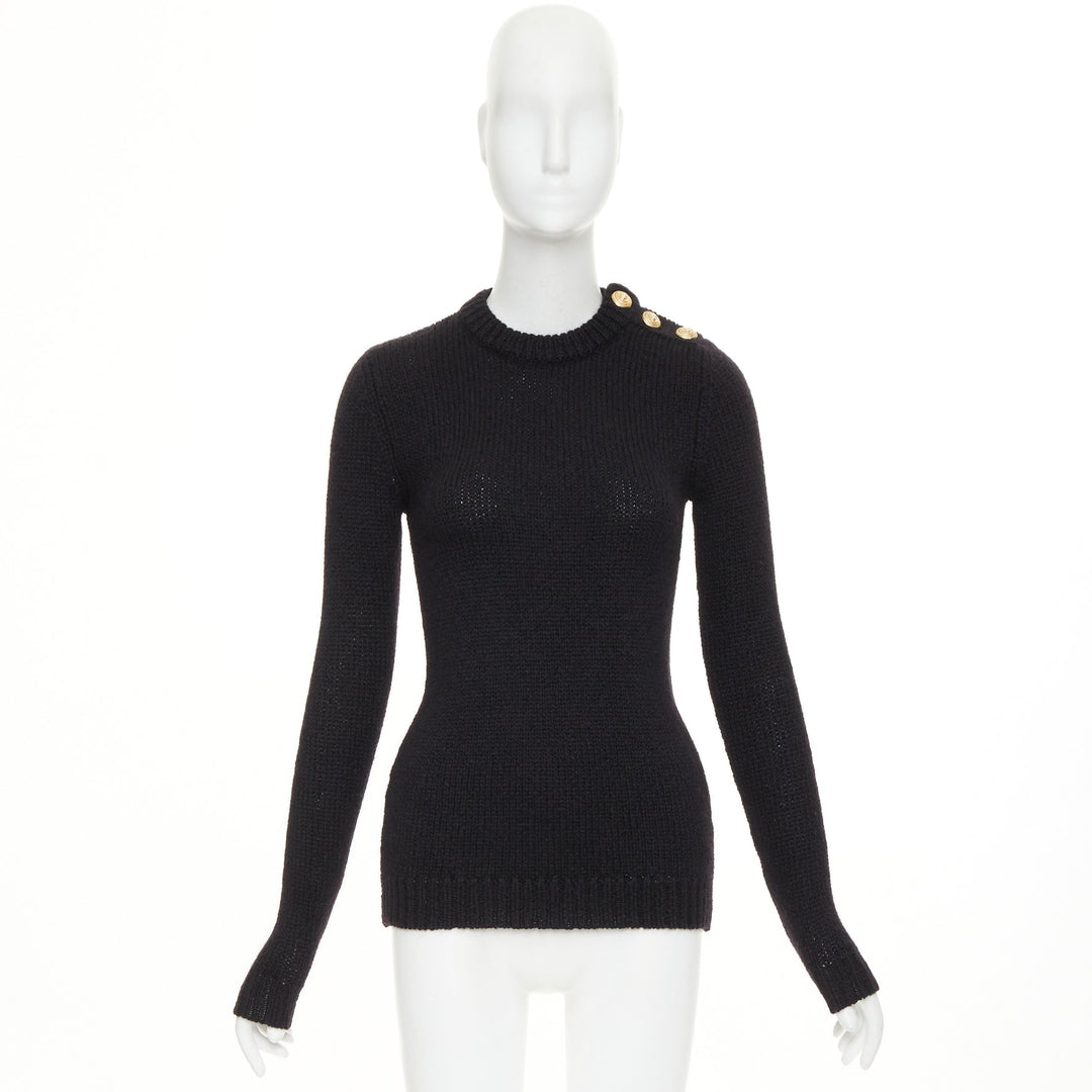 BALMAIN black mohair blend gold lion button crewneck long sleeve sweater FR34 XS