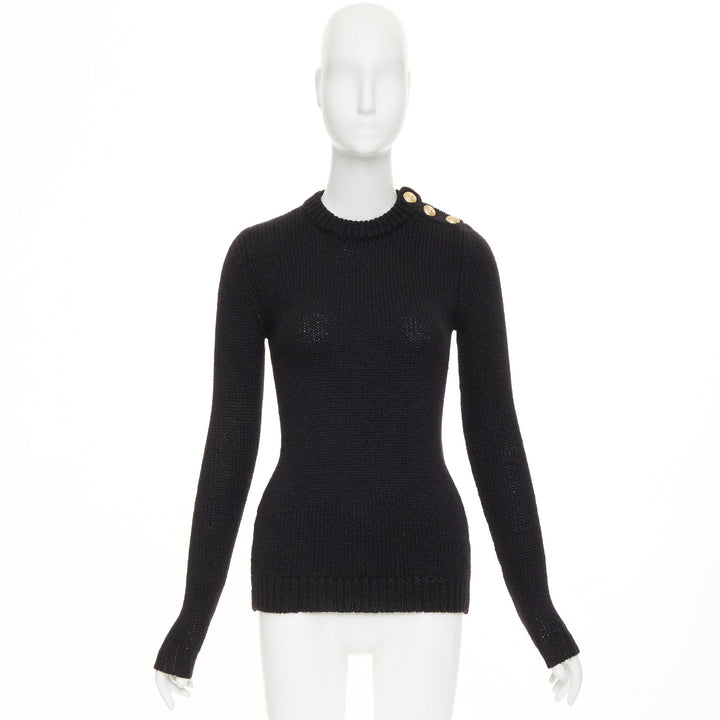 BALMAIN black mohair blend gold lion button crewneck long sleeve sweater FR34 XS