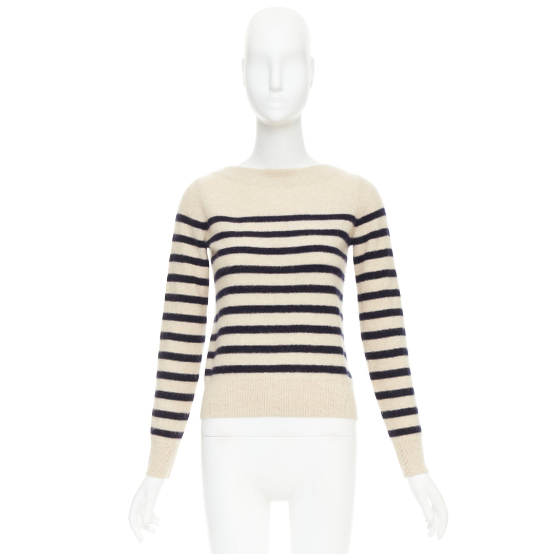 VINCE 100% cashmere Breton nautical striped long sleeve boat neck sweater XXS