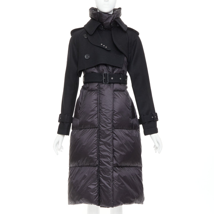 SACAI 2022 Hybrid black melton wool leather trim padded puffer trench coat JP1 S