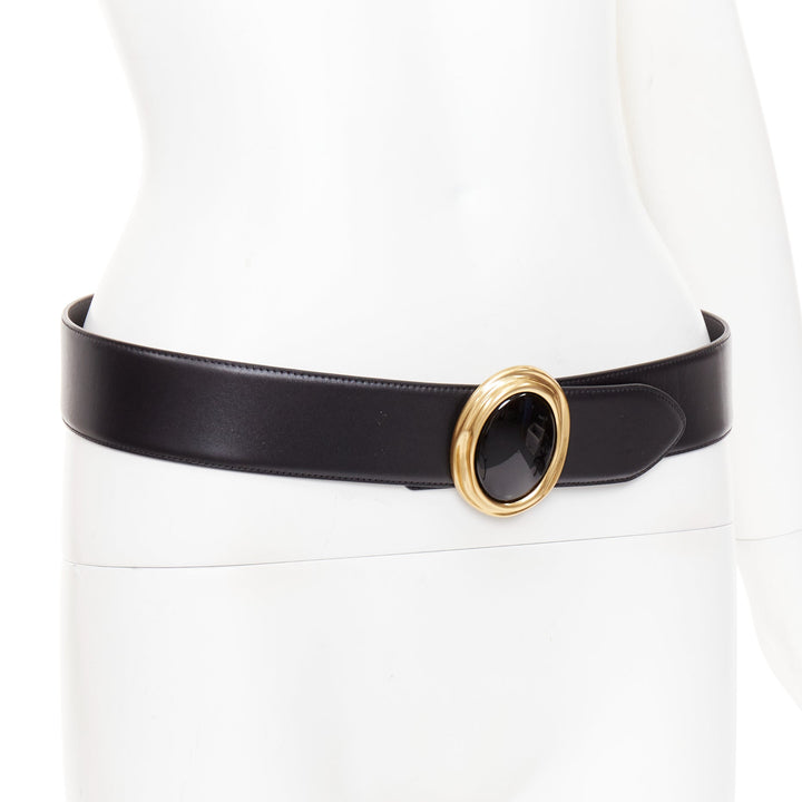 SAINT LAURENT 2021 Cabochon Wide Belt gold oval buckle  black leather belt 65cm