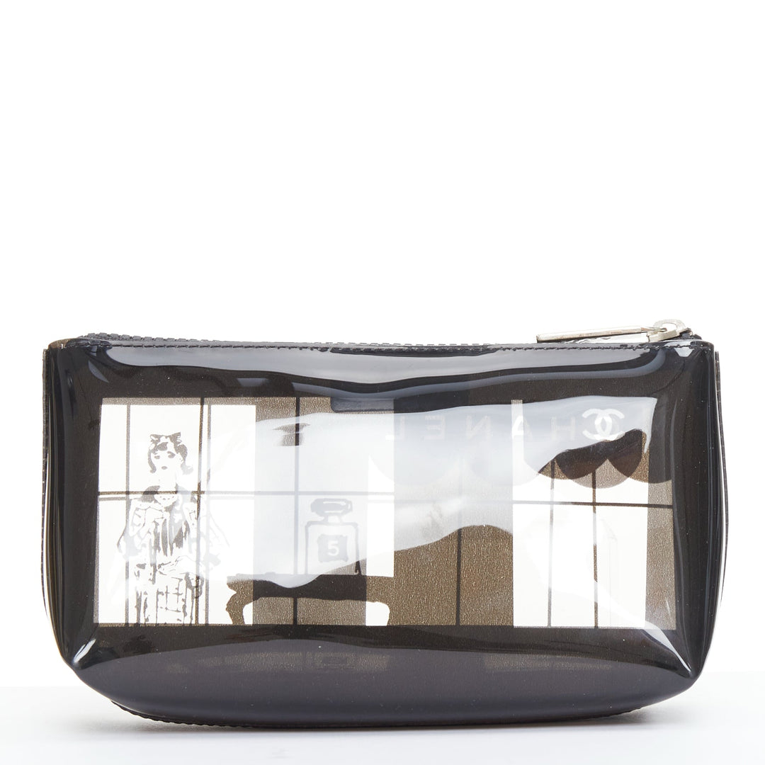 CHANEL 2003 Coco Window black clear PVC silver zip cosmetic pouch