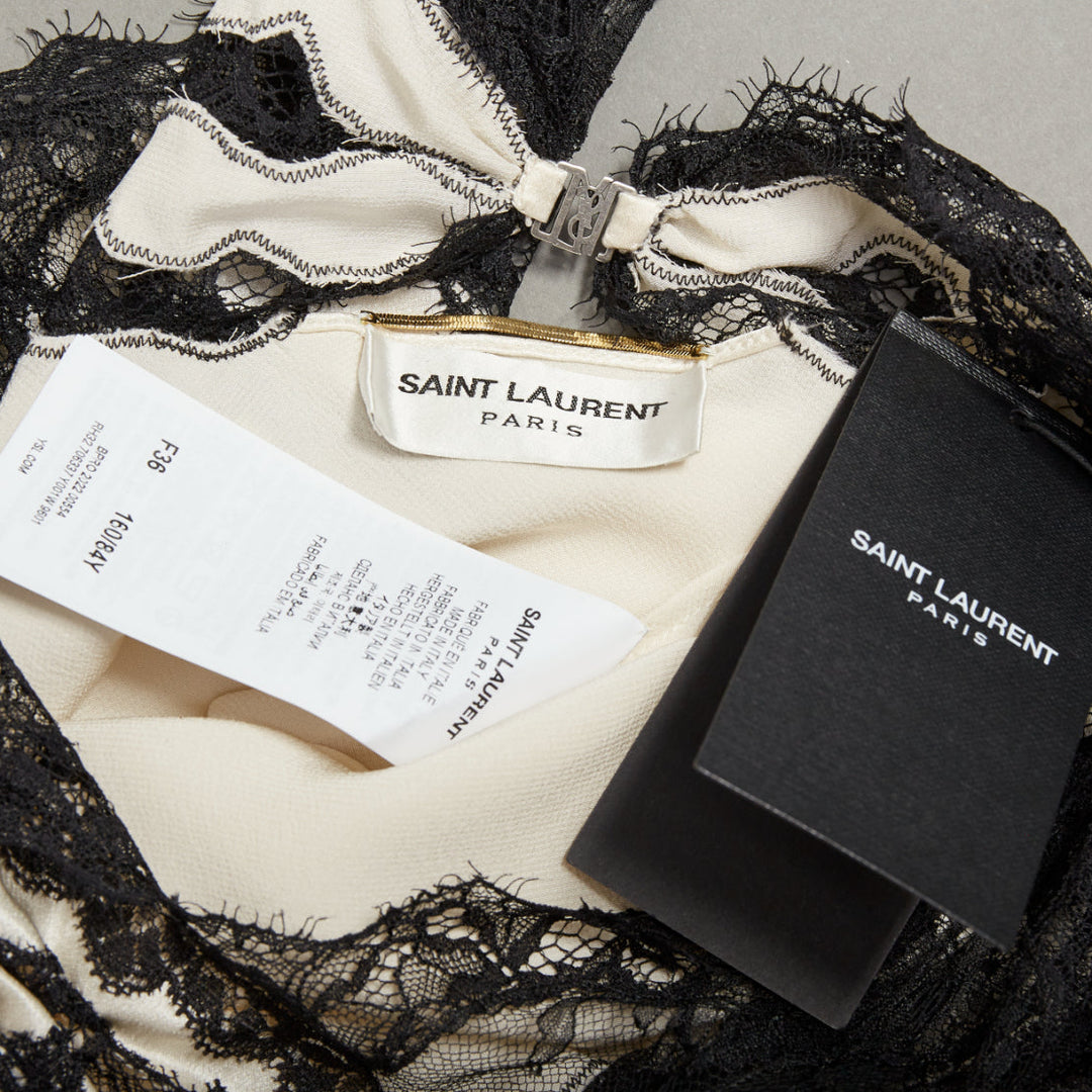 SAINT LAURENT 2022 Runway Bridal black lace ivory silk satin slip dress FR36 S