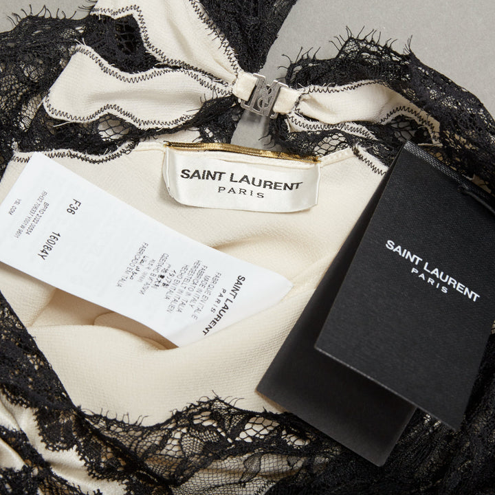 SAINT LAURENT 2022 Runway Bridal black lace ivory silk satin slip dress FR36 S