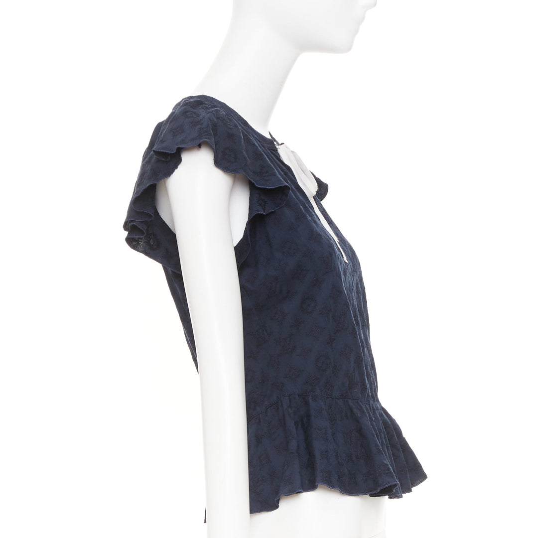 LOUIS VUITTON black monogram denim ruffle keyhole cap sleeve peplum blouse S