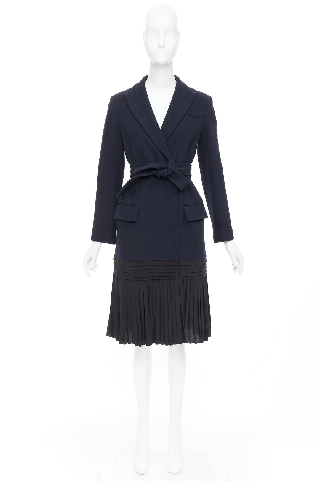 DIOR navy virgin wool silk lined pleated hem belted coat FR36 S