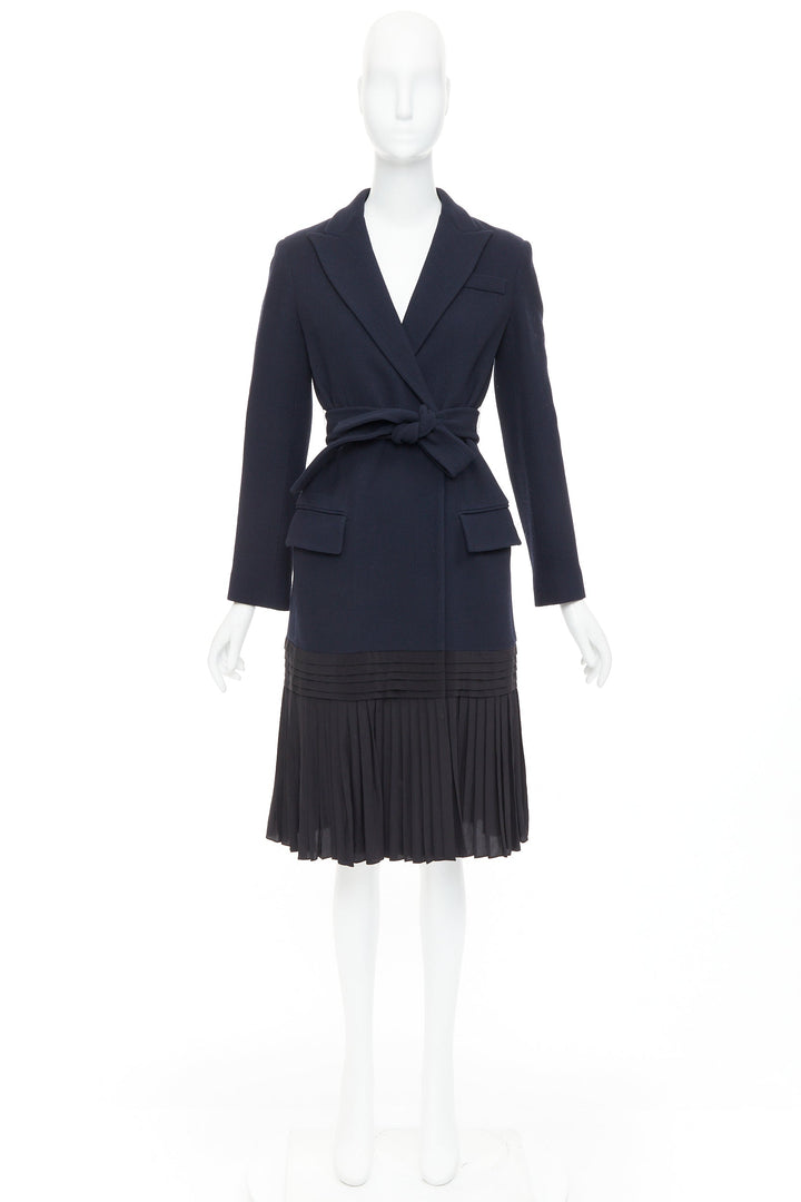 DIOR navy virgin wool silk lined pleated hem belted coat FR36 S