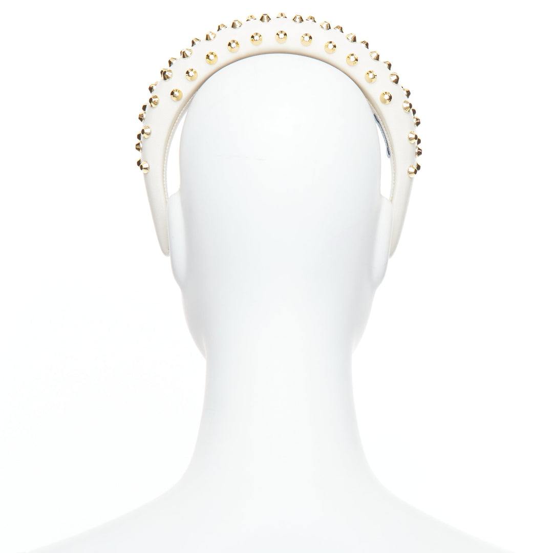 PRADA white leather gold studded padded Alice headband