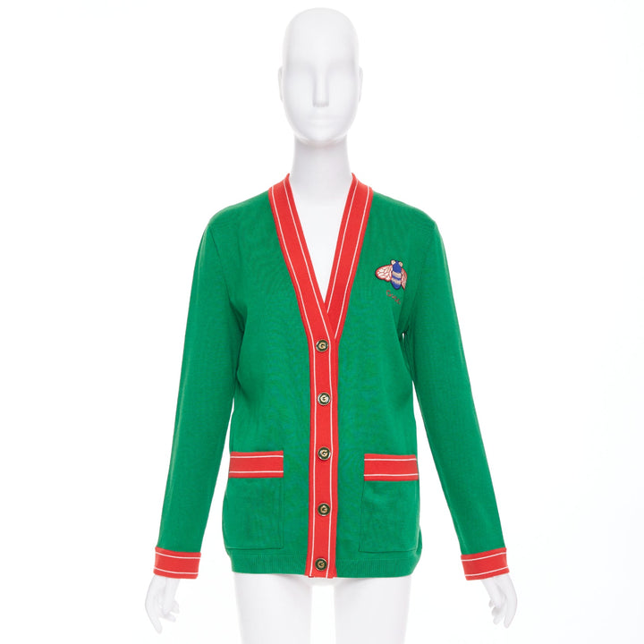 GUCCI Michele green cotton cashmere Bee embroidered cardigan XXS