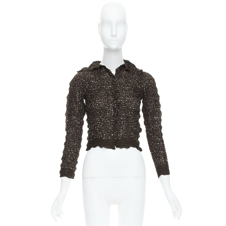 ISSEY MIYAKE brown speckle crinkled collared cropped shirt top M