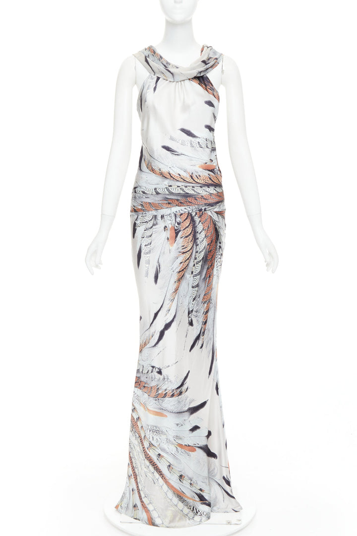 ROBERTO CAVALLI Vintage silk steel grey brown feather print drape gown dress XS