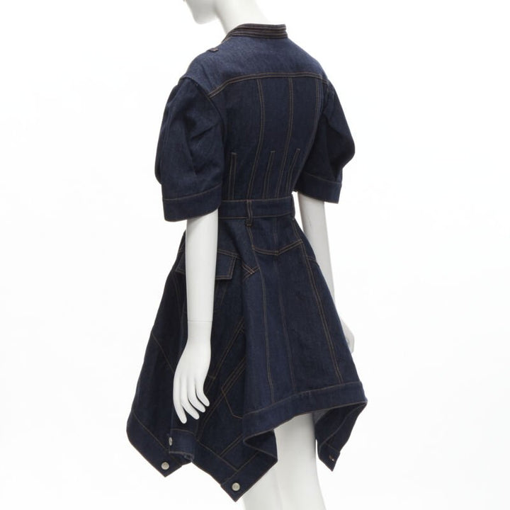 ALEXANDER MCQUEEN 2022 indigo blue denim corset rounded sleeve dress IT38 XS