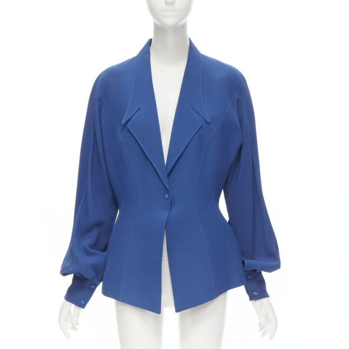 THIERRY MUGLER Vintage cobalt blue futuristic collar peplum jacket FR42 L