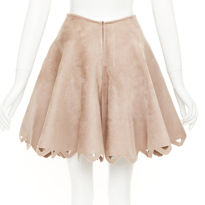 ALAIA nude beige wool velour laser cut hem flared skater skirt FR38 M