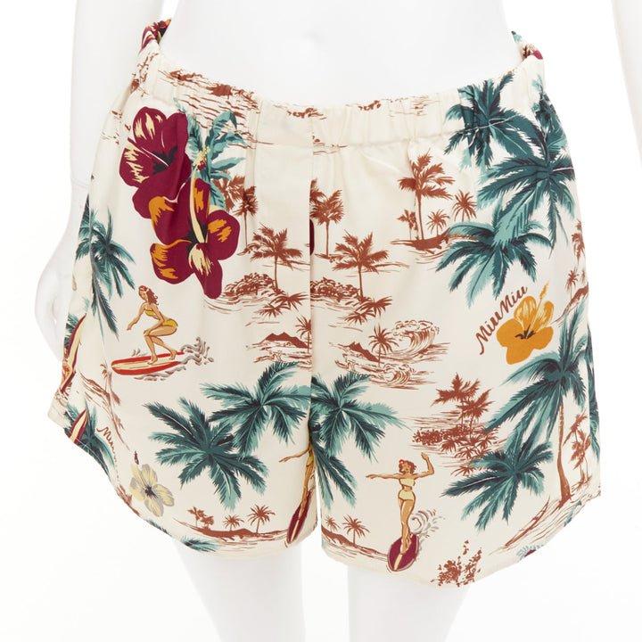 MIU MIU 2023 100% silk multicolor cream Hawaiian Surfer boxer shorts Sz1 XS