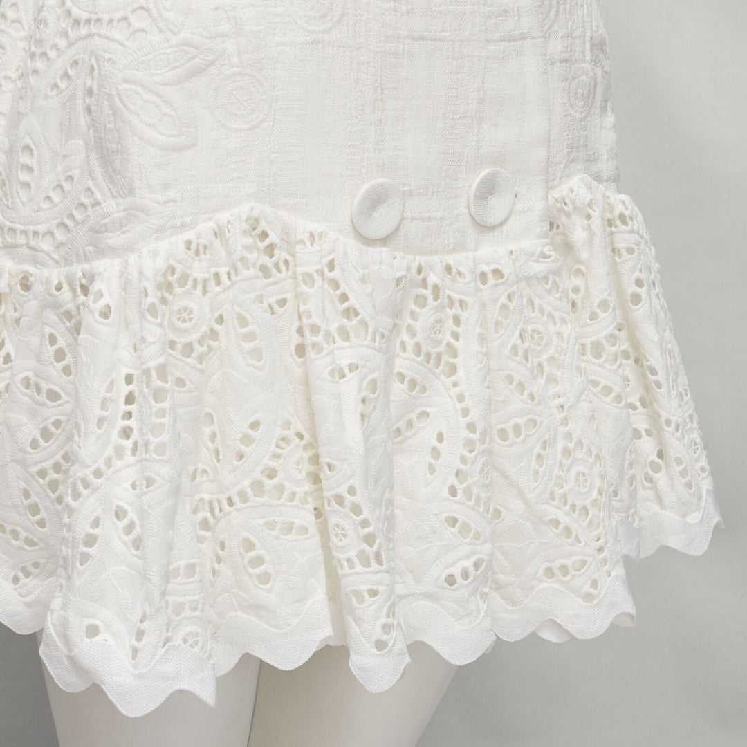 ACLER white embroidery eyelet puff sleeve belted double breasted dress US2 XS