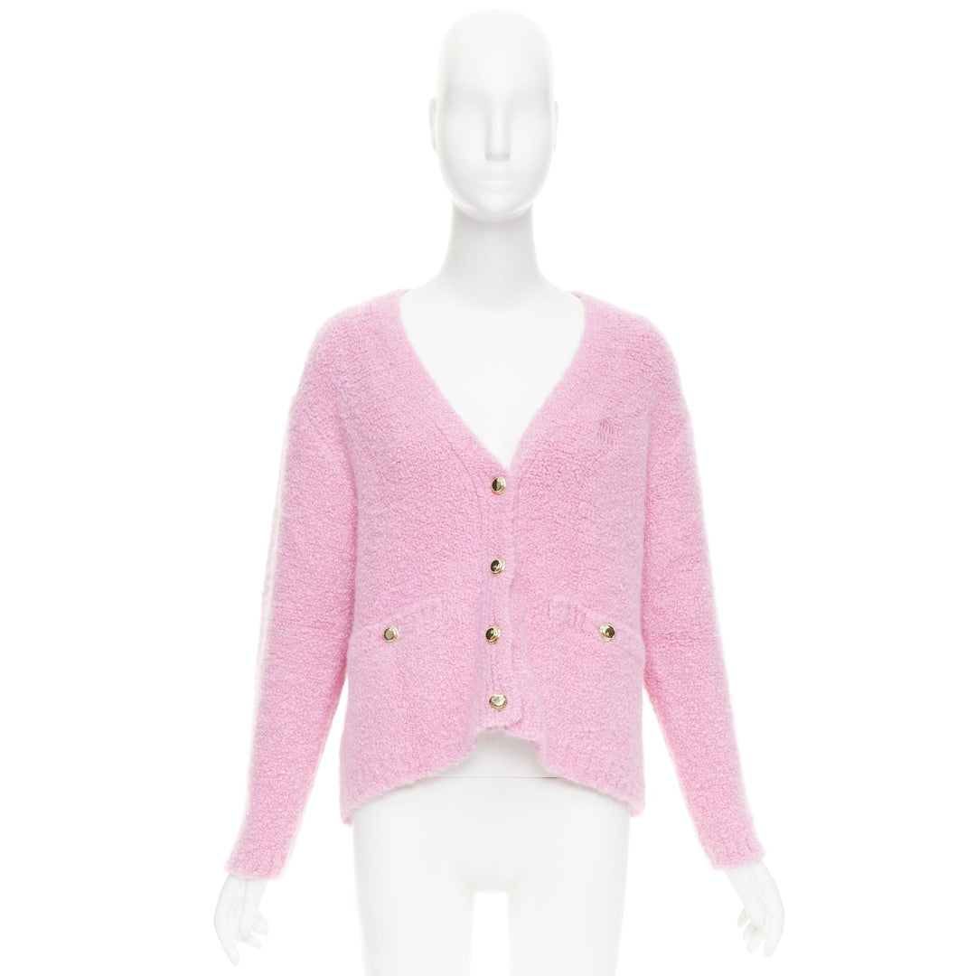 MIU MIU 2023 pink cashmere boucle logo gold button cardigan IT38 XS