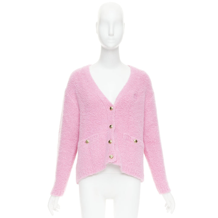 MIU MIU 2023 pink cashmere boucle logo gold button cardigan IT38 XS