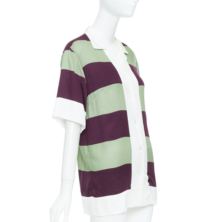 DRIES VAN NOTEN Clive 8142 green purple striped bowling shirt FR34 XS