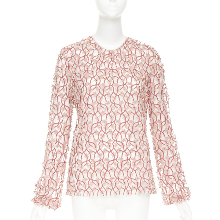 GIAMBATTISTA VALLI pink white petal embroidered treillage sheer top IT40 S