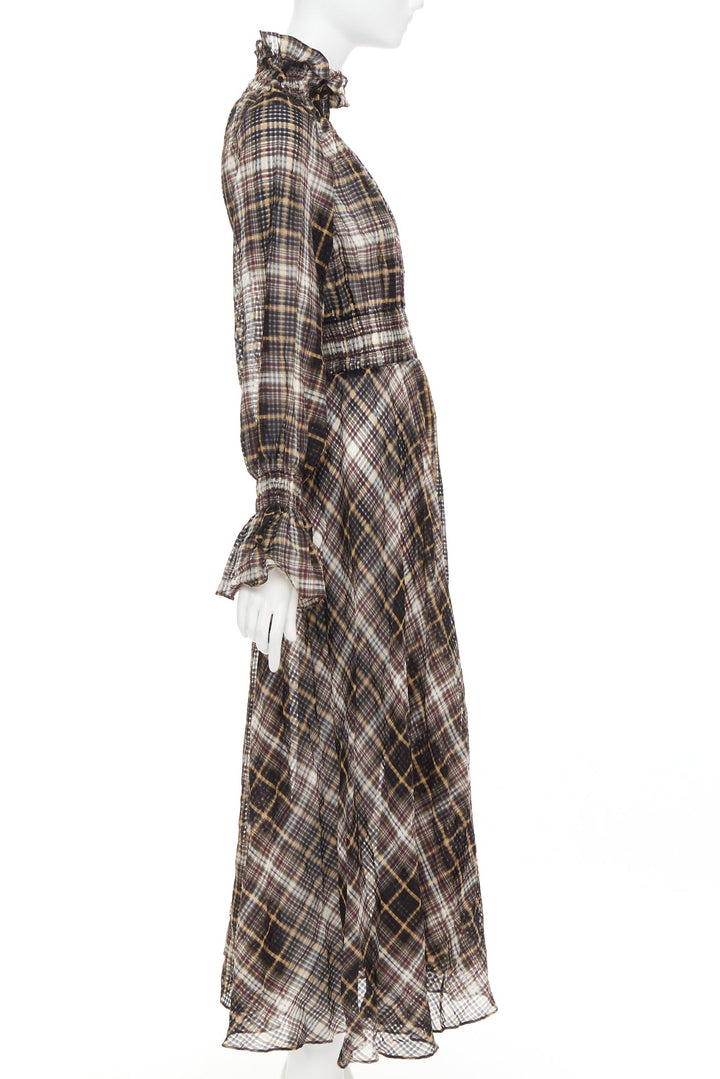 BEAUFILLE brown cotton silk check sheer ruched neck sleeves peasant dress US0 S
