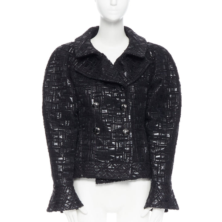 runway CHANEL 13A cyber tweed bomber sleeve double breasted black jacket FR36