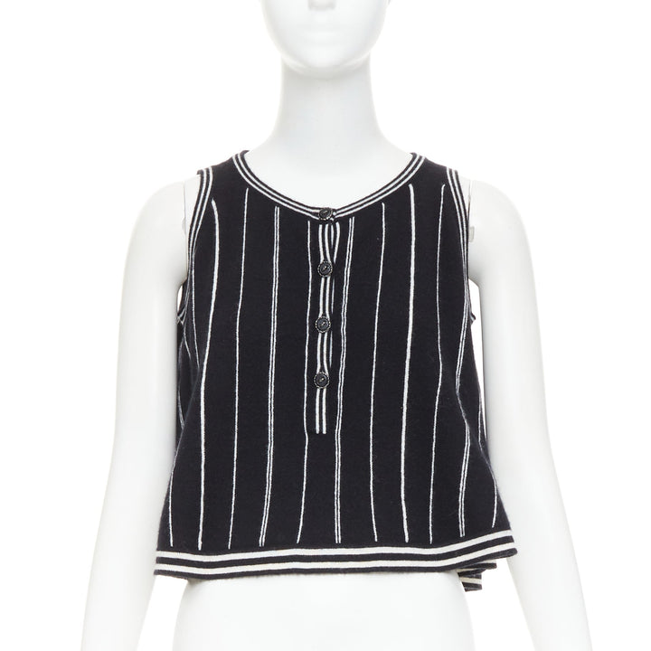 CHANEL 2015 100% cashmere black white striped A-line flared crop tank FR 34/36