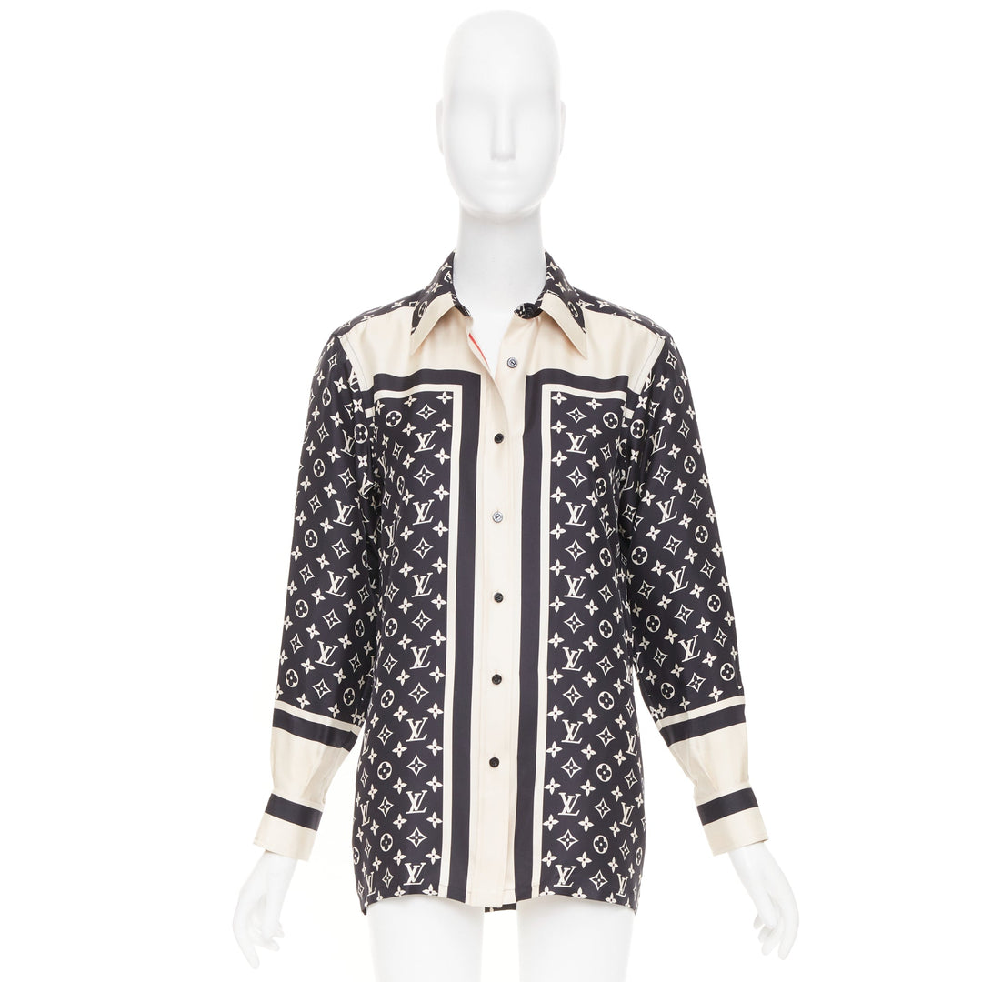 LOUIS VUITTON 2020 stripe accent mixed monogram silk long sleeve shirt FR34 XS