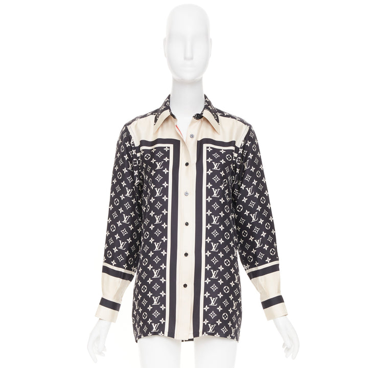LOUIS VUITTON 2020 stripe accent mixed monogram silk long sleeve shirt FR34 XS