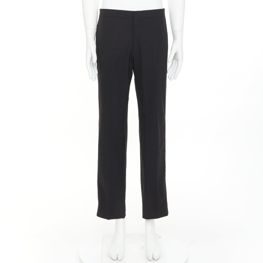 HERMES black wool blend satin trim side handstitched mid waist trousers IT50 XL