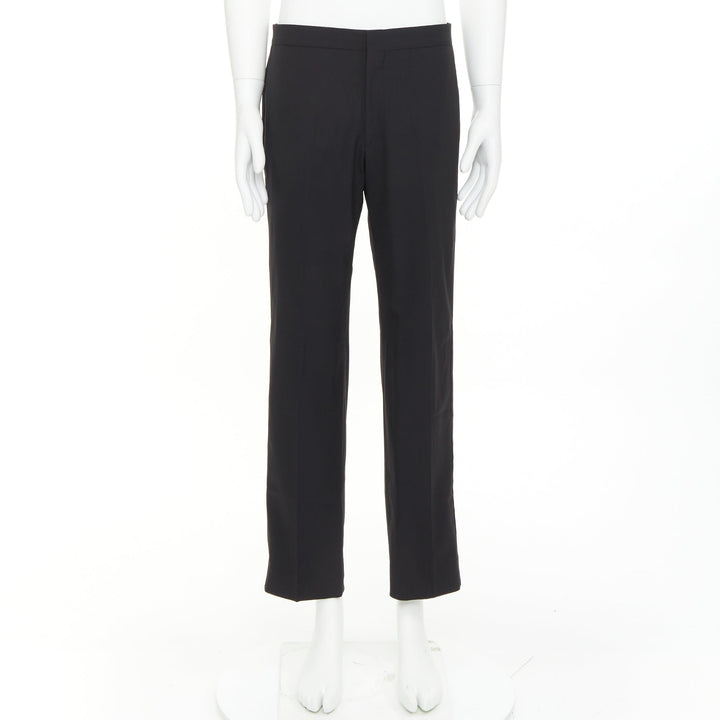 HERMES black wool blend satin trim side handstitched mid waist trousers IT50 XL