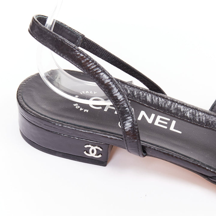 CHANEL two tone gunmetal cap toe black texture leather CC slingback flats EU38.5