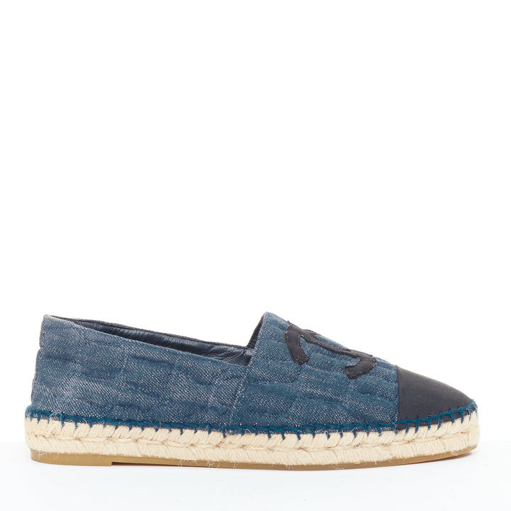 CHANEL 2016 blue embossed denim animal pattern quilted CC espadrilles shoes EU39