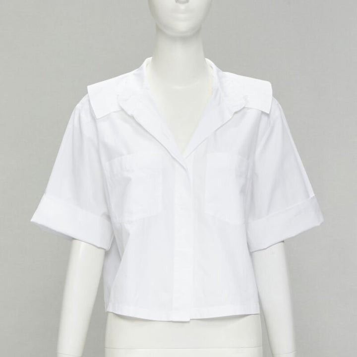 CHANEL white cotton gold pearl CC button double pocket boxy cropped shirt FR40 M