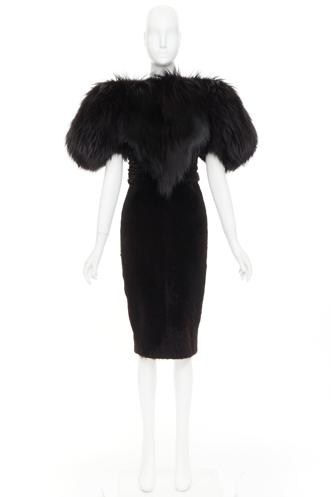 rare ALEXANDRE VAUTHIER COUTURE 2015 Runway black mixed fur puff sleeve dress