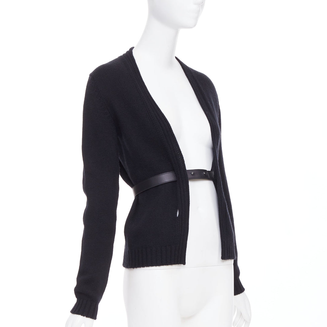 HERMES black 100% cashmere lambskin leather belted knit cardigan FR34 XS