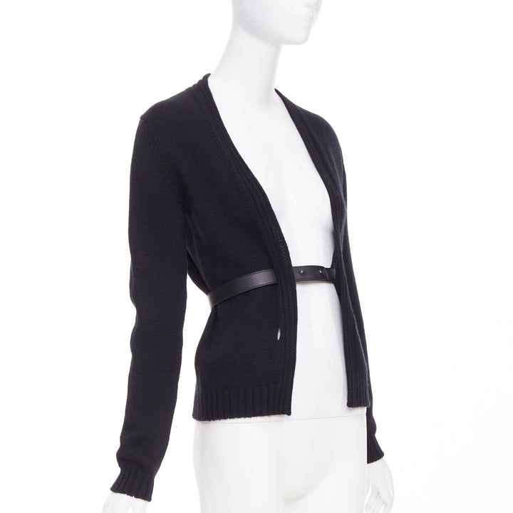 HERMES black 100% cashmere lambskin leather belted knit cardigan FR34 XS