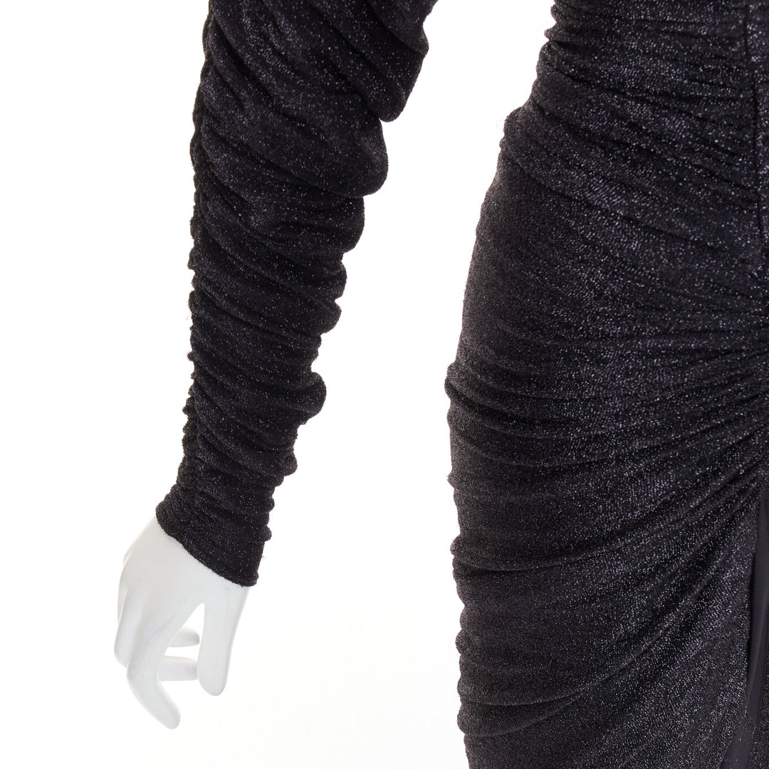 ALEXANDRE VAUTHIER black metallic lurex Power shoulder padded draped slit gown