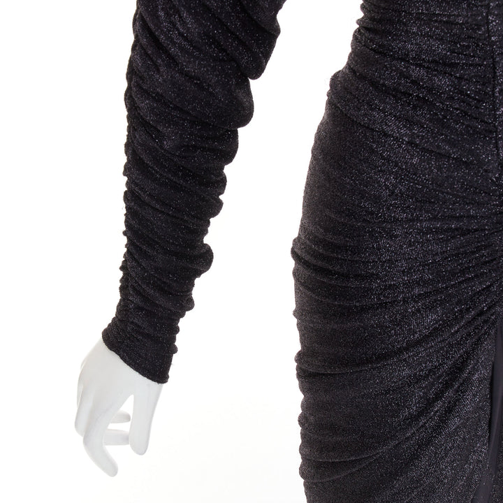 ALEXANDRE VAUTHIER black metallic lurex Power shoulder padded draped slit gown