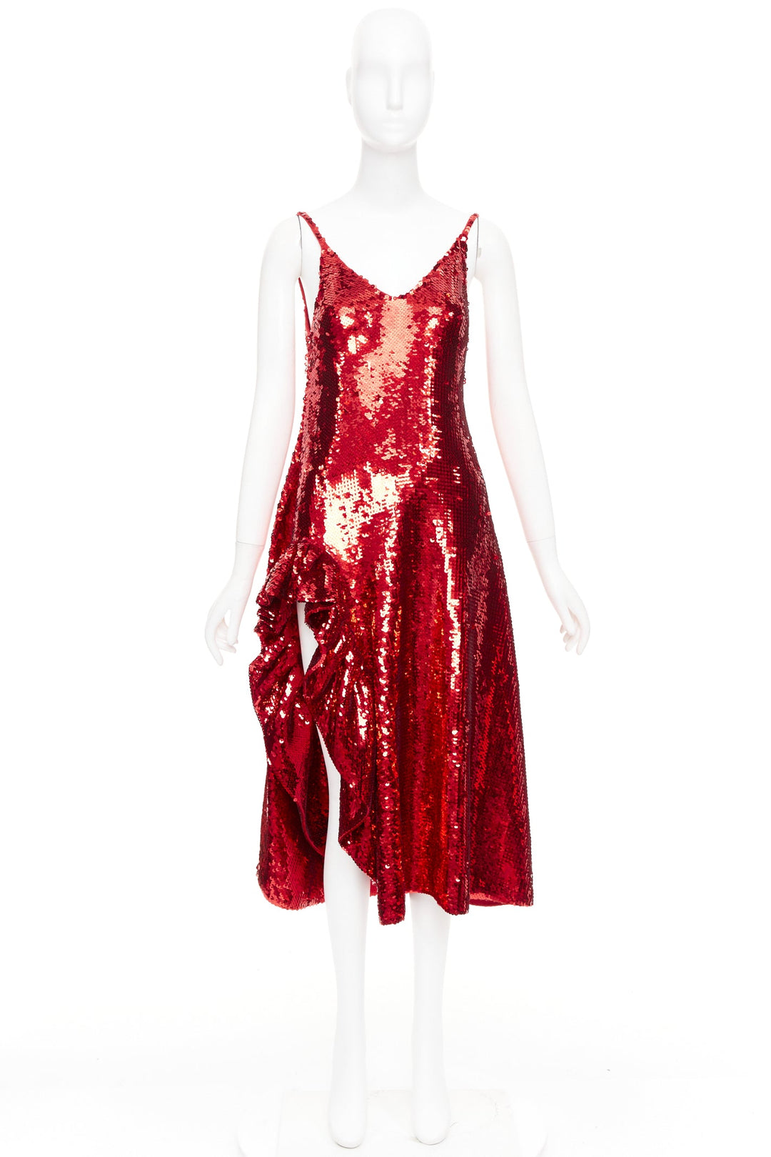 LOEWE 2022 Runway JW Anderson red sequined wool ruffle midi dress Gal Gadot