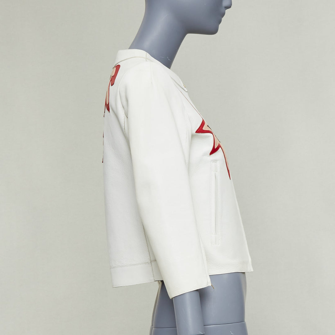 MIU MIU 2011 white lambskin leather red star patchwork crop moto jacket IT40 S