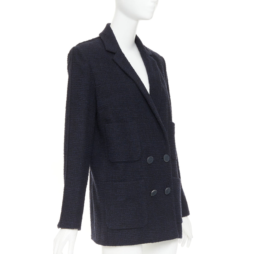 CHANEL navy cotton tweed boucle four pocket double breasted jacket FR40 M