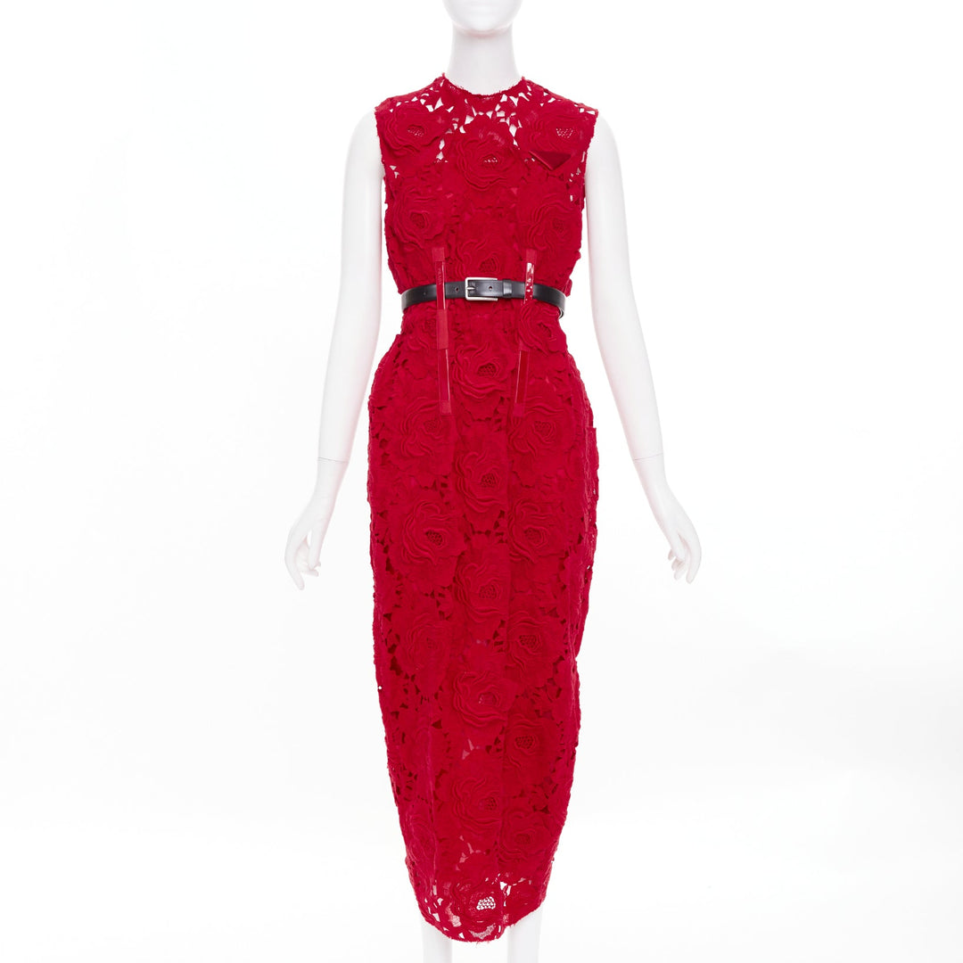 PRADA 2022 Runway red rose blooming guipure lace open back sheath dress IT40