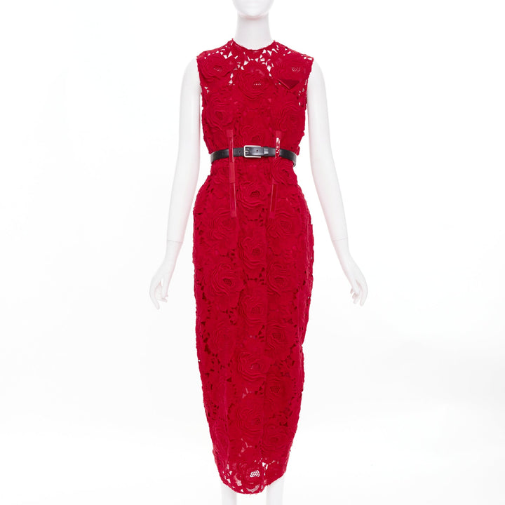 PRADA 2022 Runway red rose blooming guipure lace open back sheath dress IT40