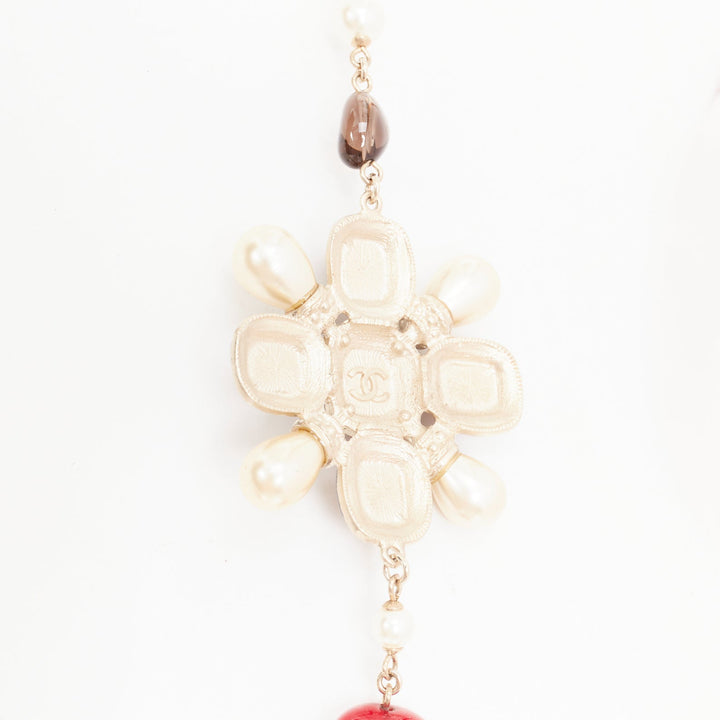 CHANEL A14C black red gripoix enamel Maltese cross CC pearl sautoir necklace