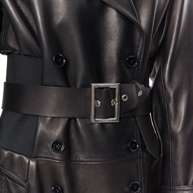 DOLCE & GABBANA dark brown nappa leather double breasted silver buckle belt coat